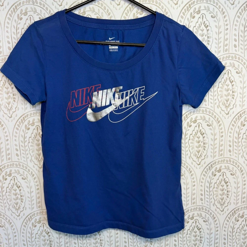Nike Dri-FIT Womens Graphic‎ T-Shirt Blue Scoop Neck Short Sleeve Small